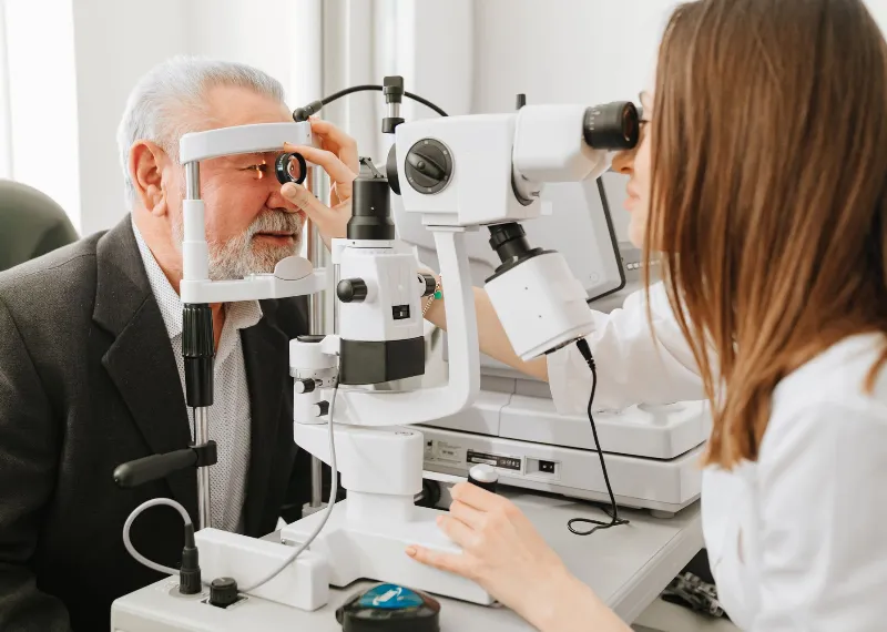 ophthalmologist examining of elderly man with slit lamp